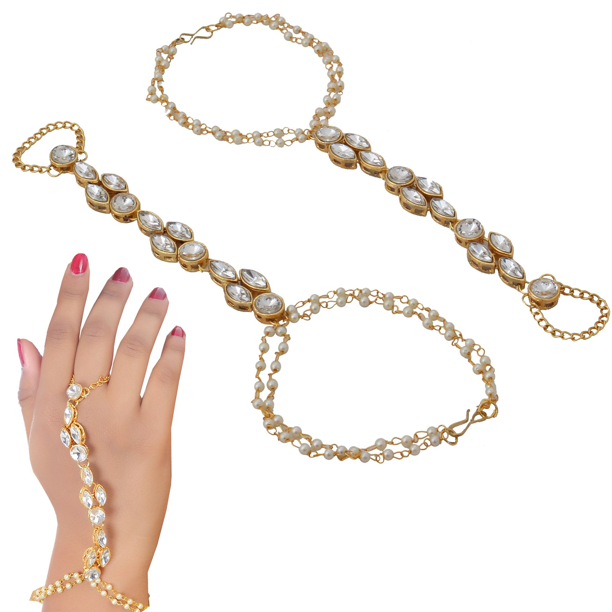 Lucky Jewellery Elegant White Color Gold Plated Finger Ring Bracelet Hand  Harness Hathphool For Girls & Women (318-L1HS-02-W-2)