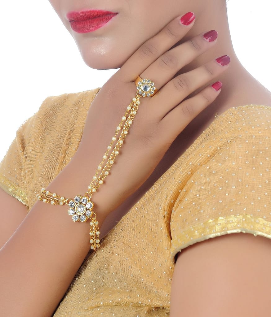 Lucky Jewellery Elegant White Color Gold Plated Finger Ring Bracelet Hand Harness Hathphool For Girls & Women (198-L1HS-26-W-2)