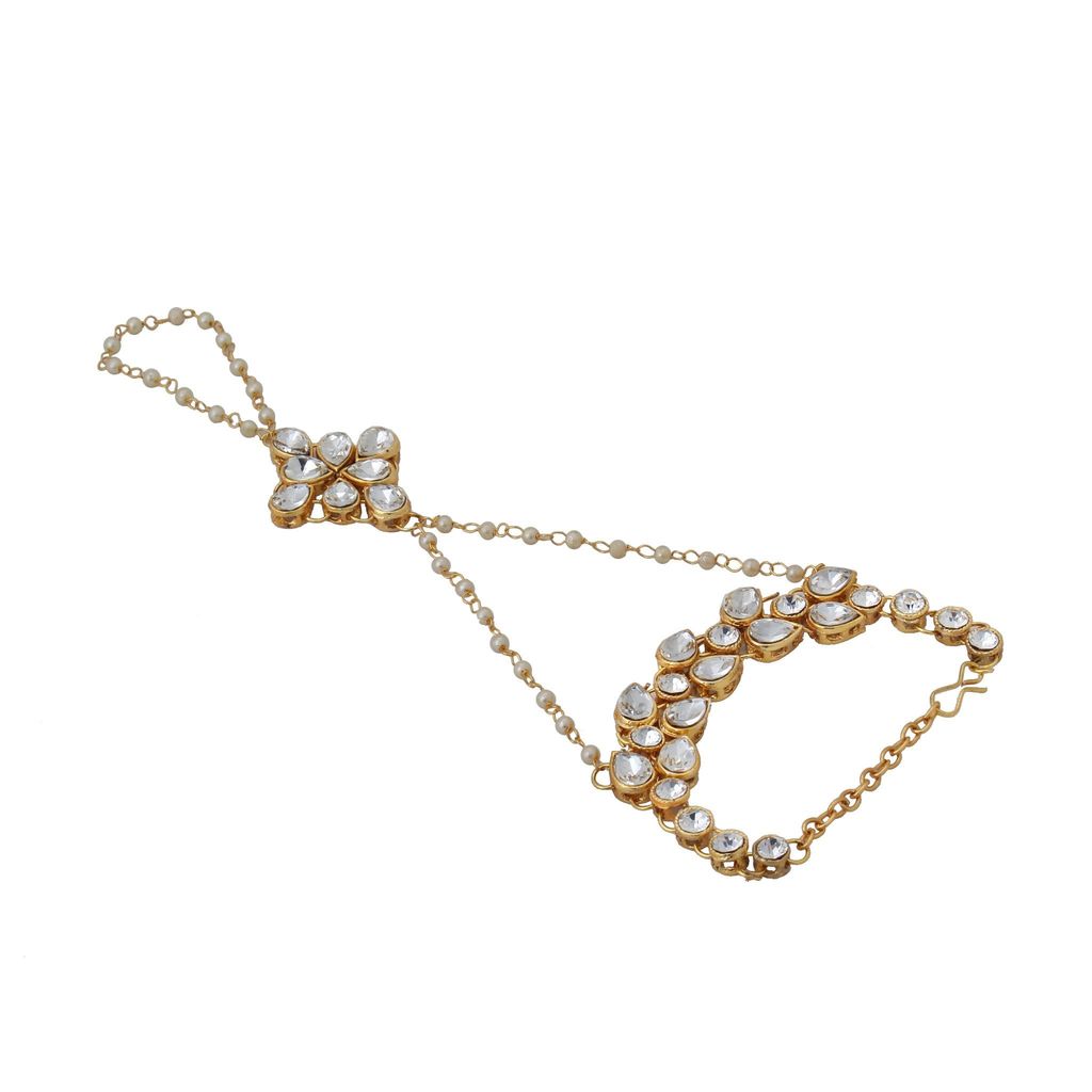 Lucky Jewellery Elegant White Color Gold Plated Finger Ring Bracelet Hand Harness Hathphool For Girls & Women (159-L1HM-09-W)