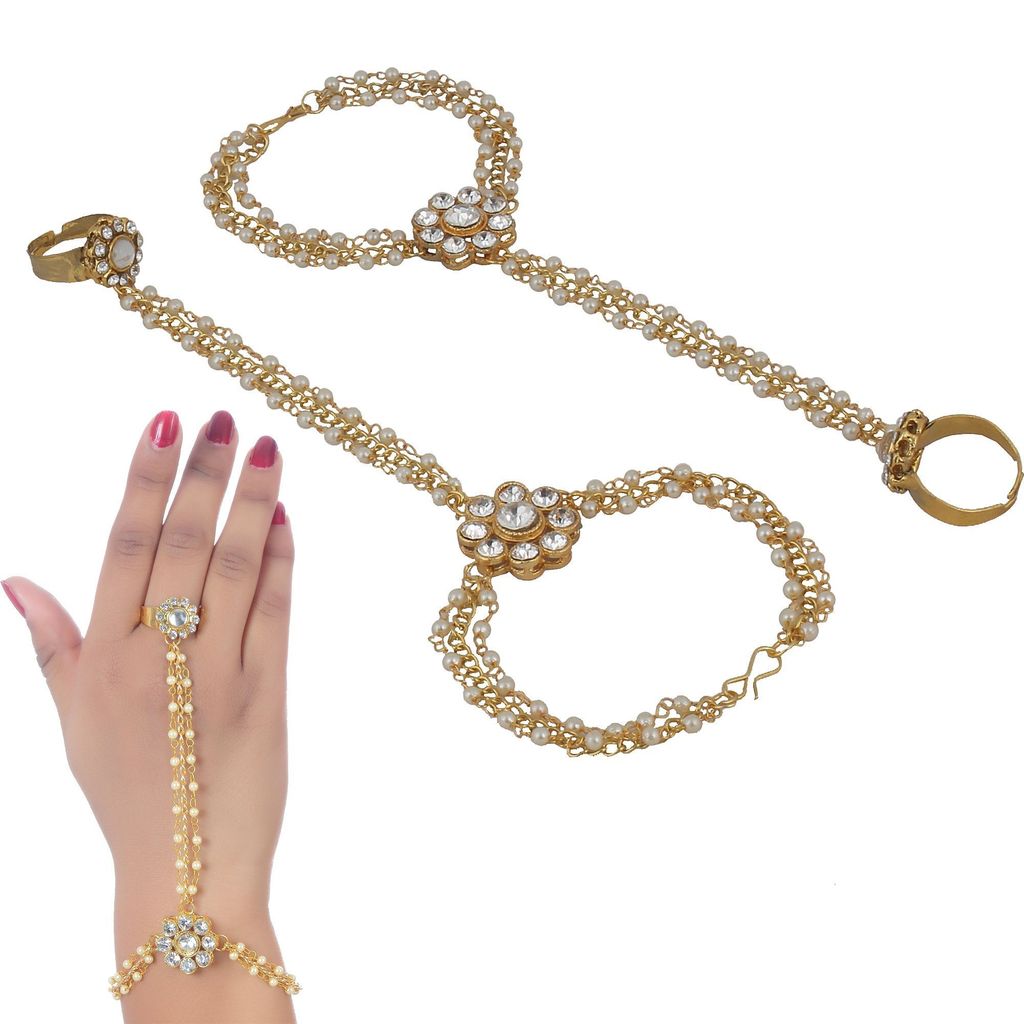 Lucky Jewellery Elegant White Color Gold Plated Finger Ring Bracelet Hand Harness Hathphool For Girls & Women (198-L1HS-26-W-2)