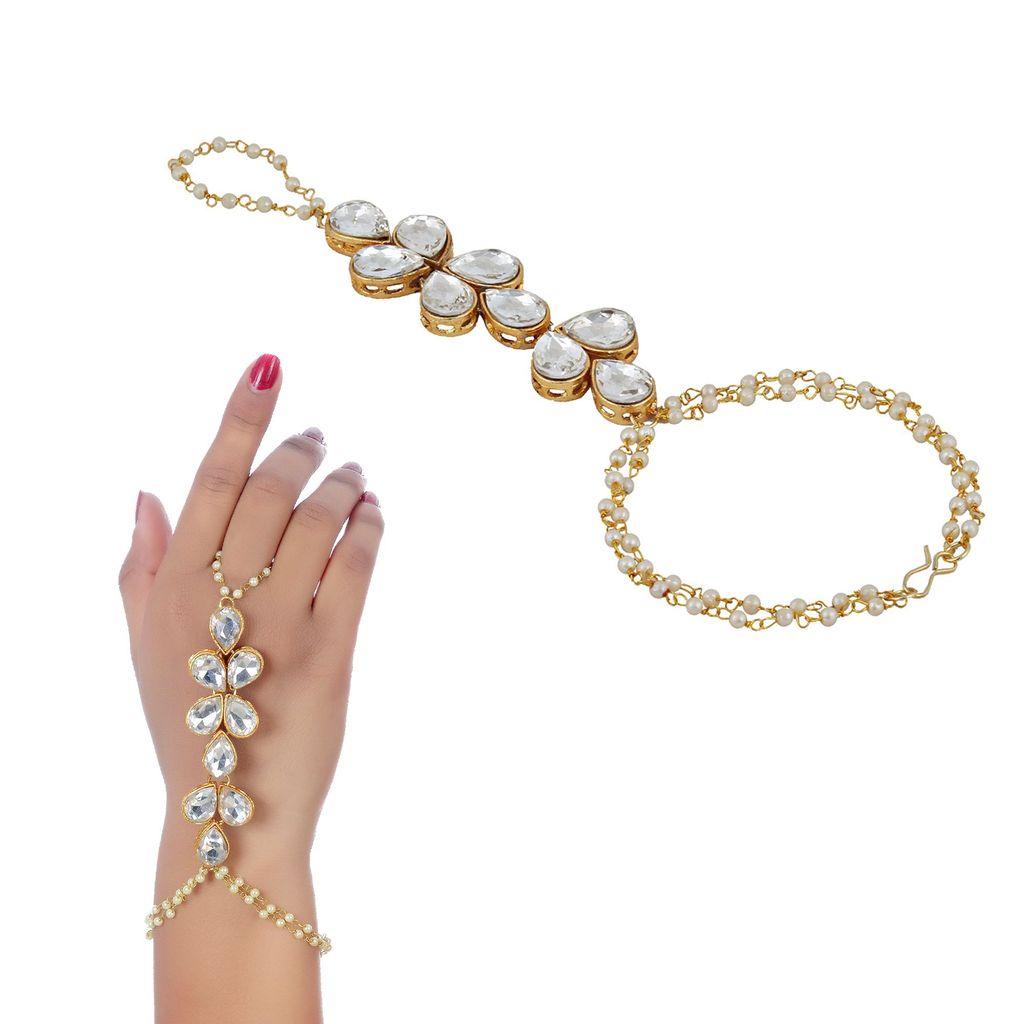 Lucky Jewellery Elegant White Color Gold Plated Finger Ring Bracelet Hand Harness Hathphool For Girls & Women (159-L1HS-12-W)