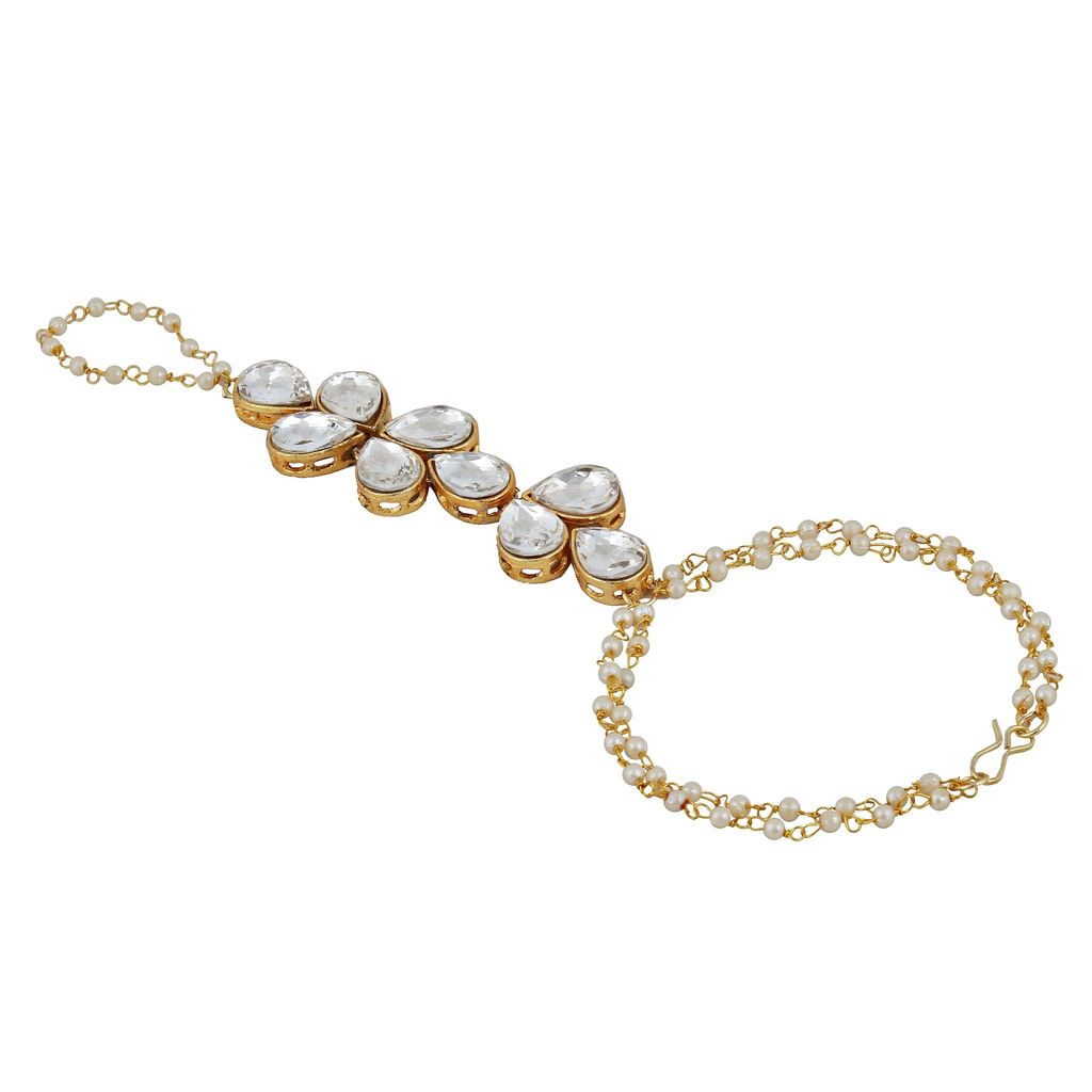 Lucky Jewellery Elegant White Color Gold Plated Finger Ring Bracelet Hand Harness Hathphool For Girls & Women (159-L1HS-12-W)