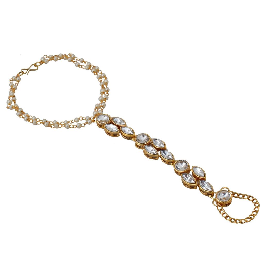 Lucky Jewellery Elegant White Color Gold Plated Finger Ring Bracelet Hand Harness Hathphool For Girls & Women (132-L1HM-05-W)