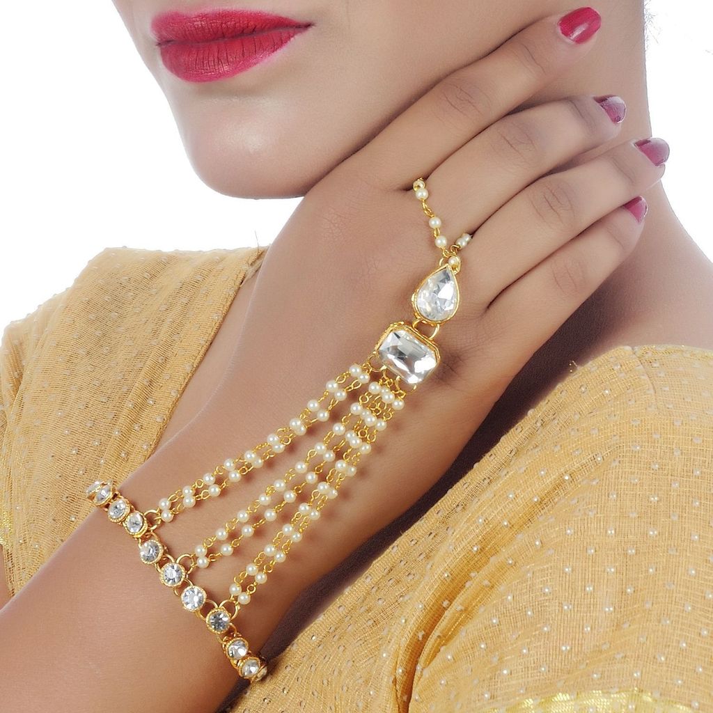 Lucky Jewellery Elegant White Color Gold Plated Finger Ring Bracelet Hand Harness Hathphool For Girls & Women (159-L1HM-08-W)