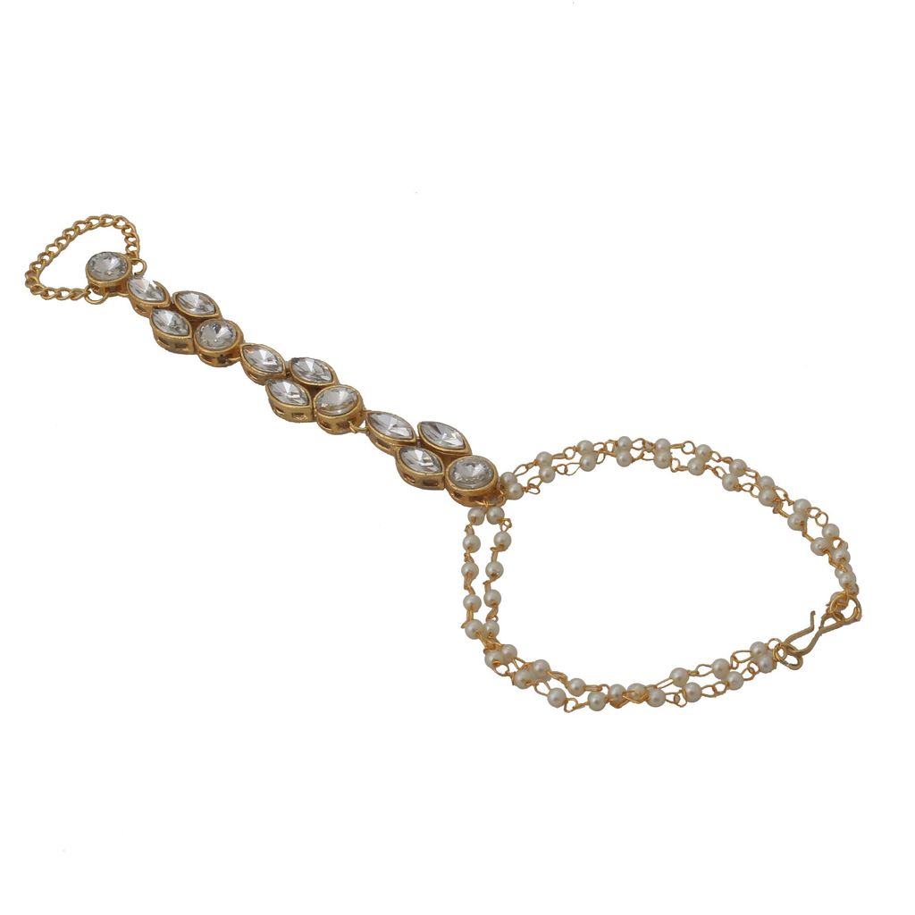 Lucky Jewellery Elegant White Color Gold Plated Finger Ring Bracelet Hand Harness Hathphool For Girls & Women (132-L1HM-05-W)