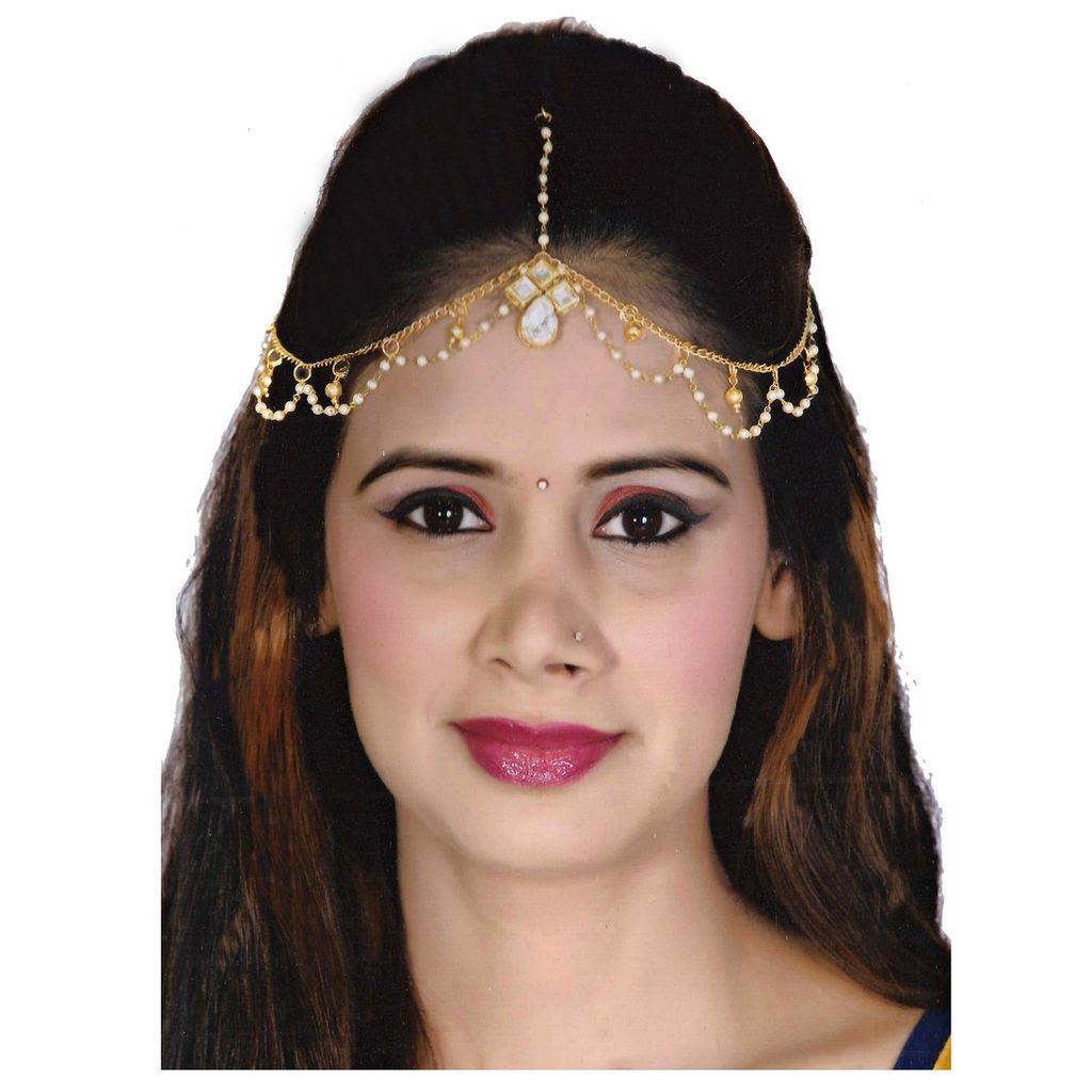 Lucky Jewellery Casual Bridal Dulhan Kundan White Color Stone Moti Maang Tikka Pearl Matha Patti for Girls & Women