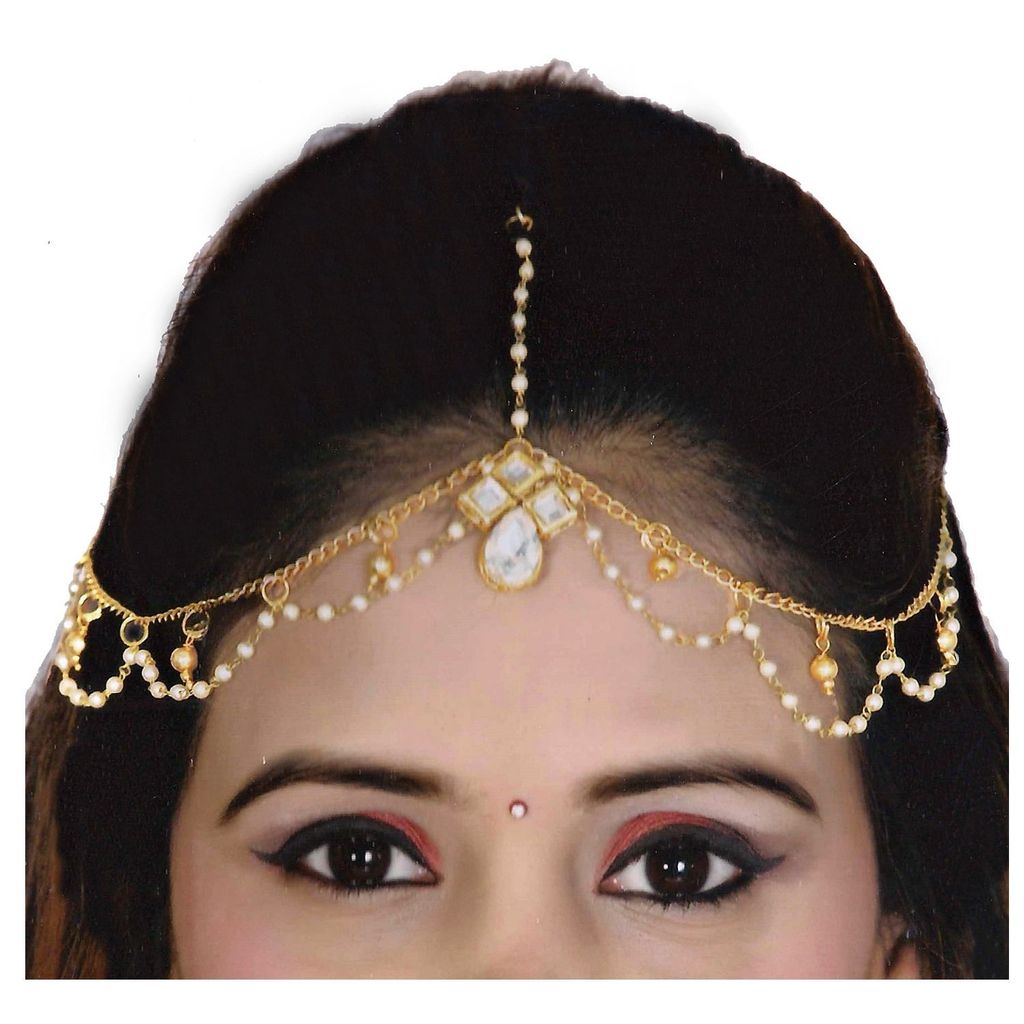 Lucky Jewellery Casual Bridal Dulhan Kundan White Color Stone Moti Maang Tikka Pearl Matha Patti for Girls & Women