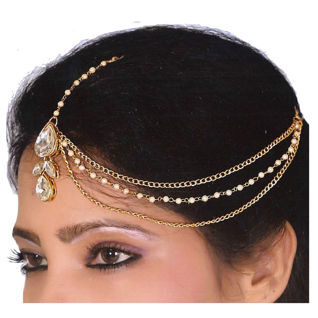 Lucky Jewellery Casual Bridal Dulhan Kundan White Color Stone Moti Maang Tikka Pearl Matha Patti for Girls & Women