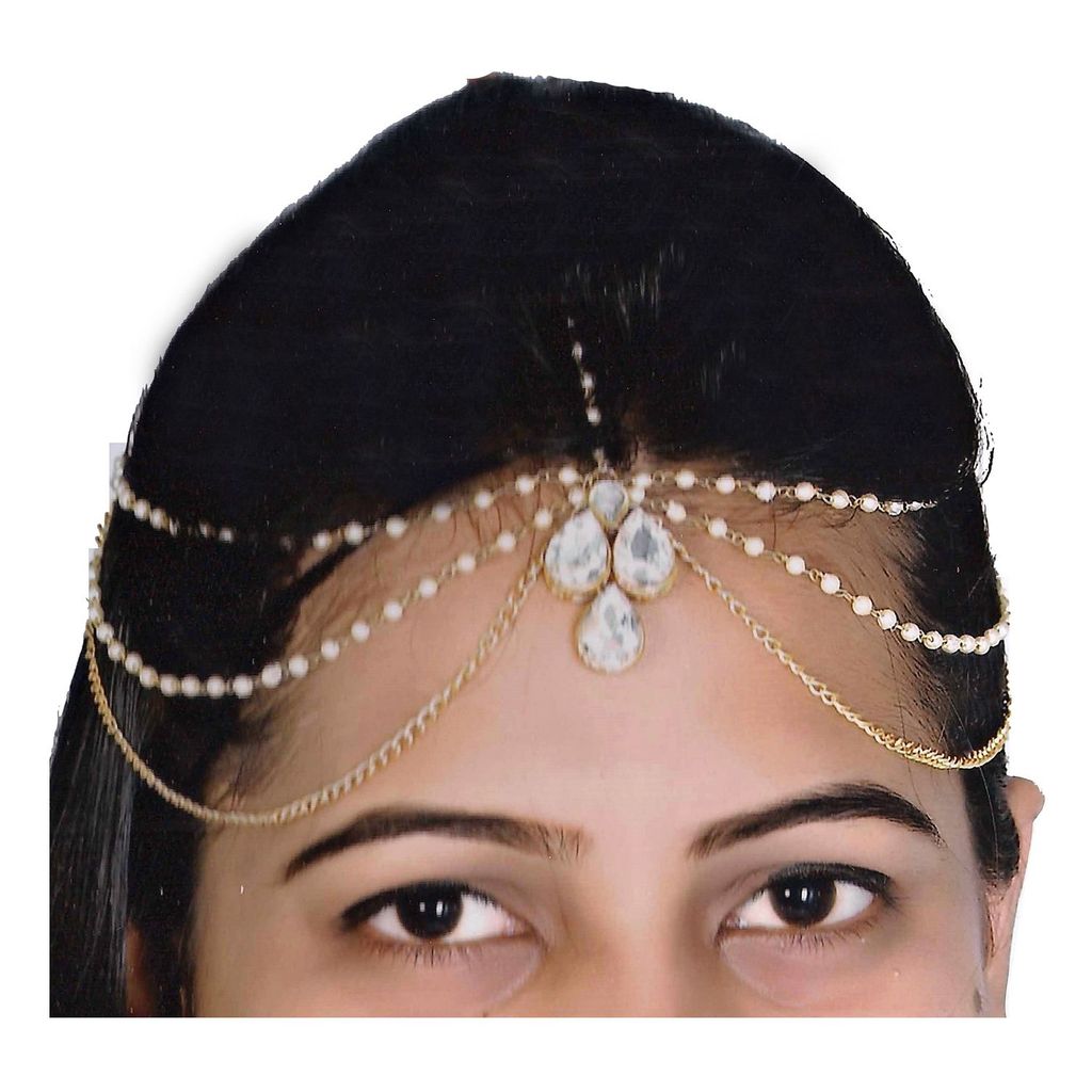 Lucky Jewellery Casual Bridal Dulhan Kundan White Color Stone Moti Maang Tikka Pearl Matha Patti for Girls & Women