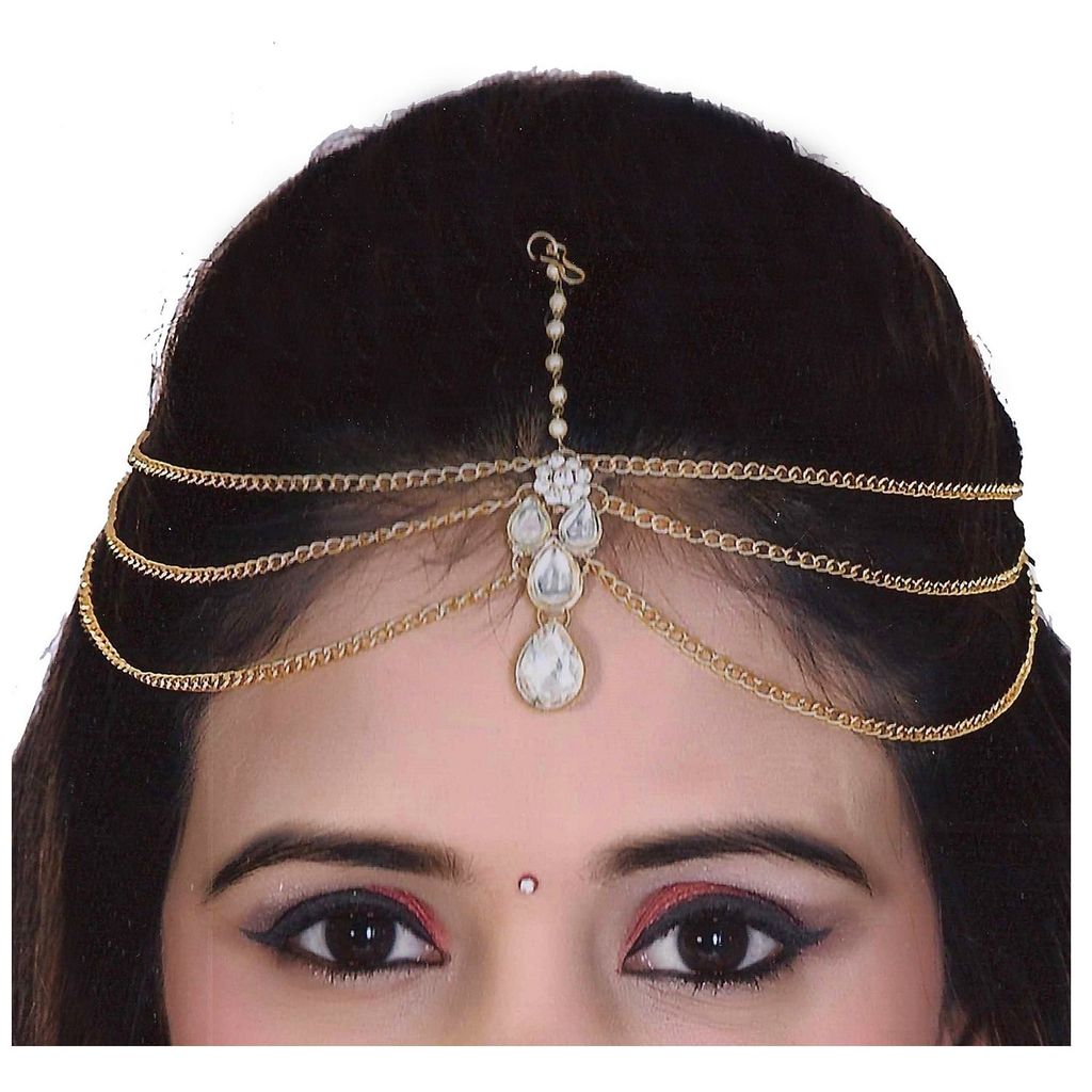 Lucky Jewellery Casual Bridal Dulhan Kundan White Color Stone Moti Maang Tikka Pearl Matha Patti for Girls & Women