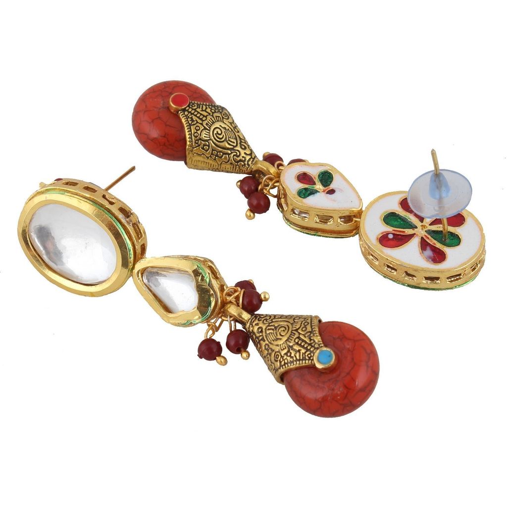 LUCKY JEWELLERY Back Meenakari 18k Gold Plated Red Color Tika Earring Combo Uncut Big Faux Kundan Choker Necklace set