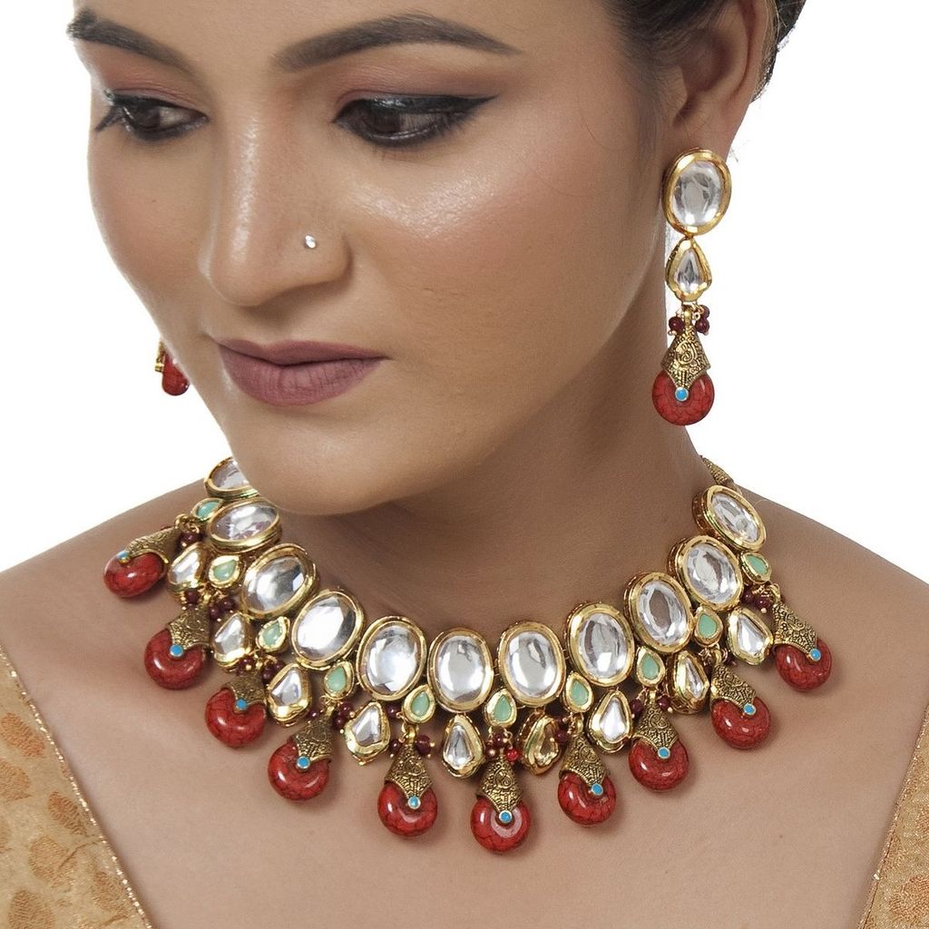 LUCKY JEWELLERY Back Meenakari 18k Gold Plated Red Color Tika Earring Combo Uncut Big Faux Kundan Choker Necklace set