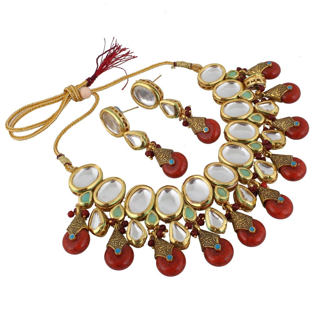 LUCKY JEWELLERY Back Meenakari 18k Gold Plated Red Color Tika Earring Combo Uncut Big Faux Kundan Choker Necklace set