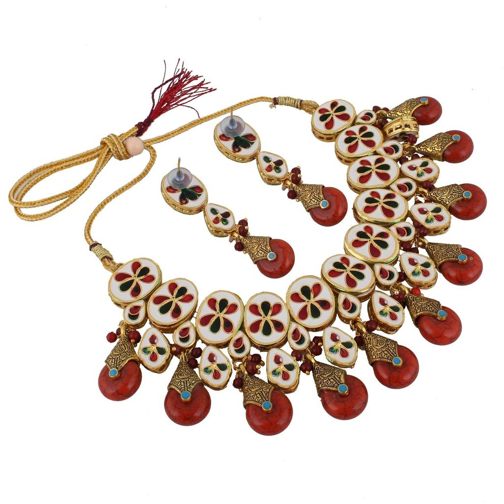 LUCKY JEWELLERY Back Meenakari 18k Gold Plated Red Color Tika Earring Combo Uncut Big Faux Kundan Choker Necklace set