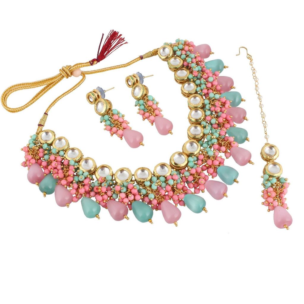 LUCKY JEWELLERY Back Meenakari 18k Gold Plated Multicolor Tika Earring Combo Uncut Big Faux Kundan Choker Necklace set