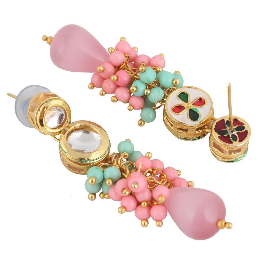 LUCKY JEWELLERY Back Meenakari 18k Gold Plated Multicolor Tika Earring Combo Uncut Big Faux Kundan Choker Necklace set