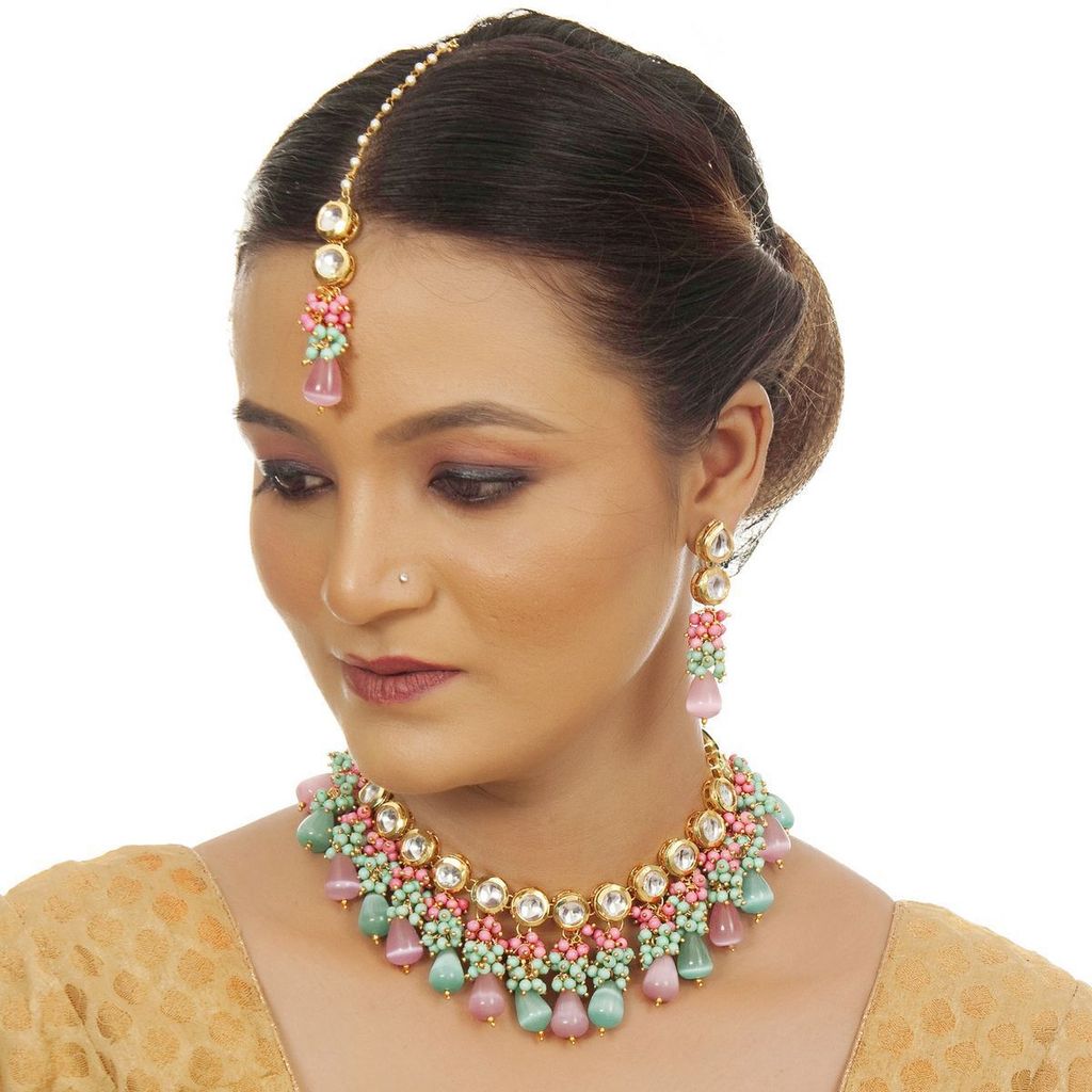 LUCKY JEWELLERY Back Meenakari 18k Gold Plated Multicolor Tika Earring Combo Uncut Big Faux Kundan Choker Necklace set