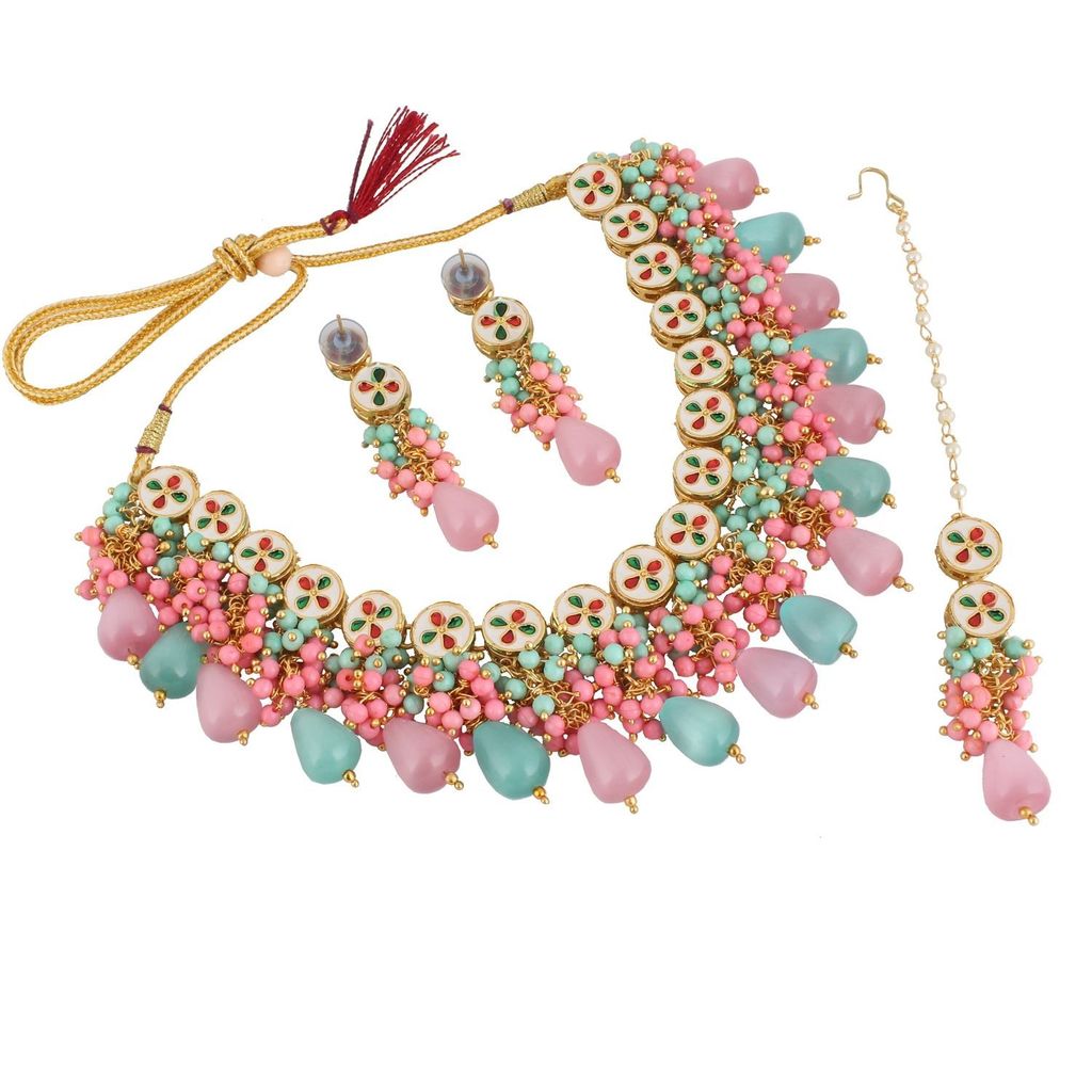 LUCKY JEWELLERY Back Meenakari 18k Gold Plated Multicolor Tika Earring Combo Uncut Big Faux Kundan Choker Necklace set