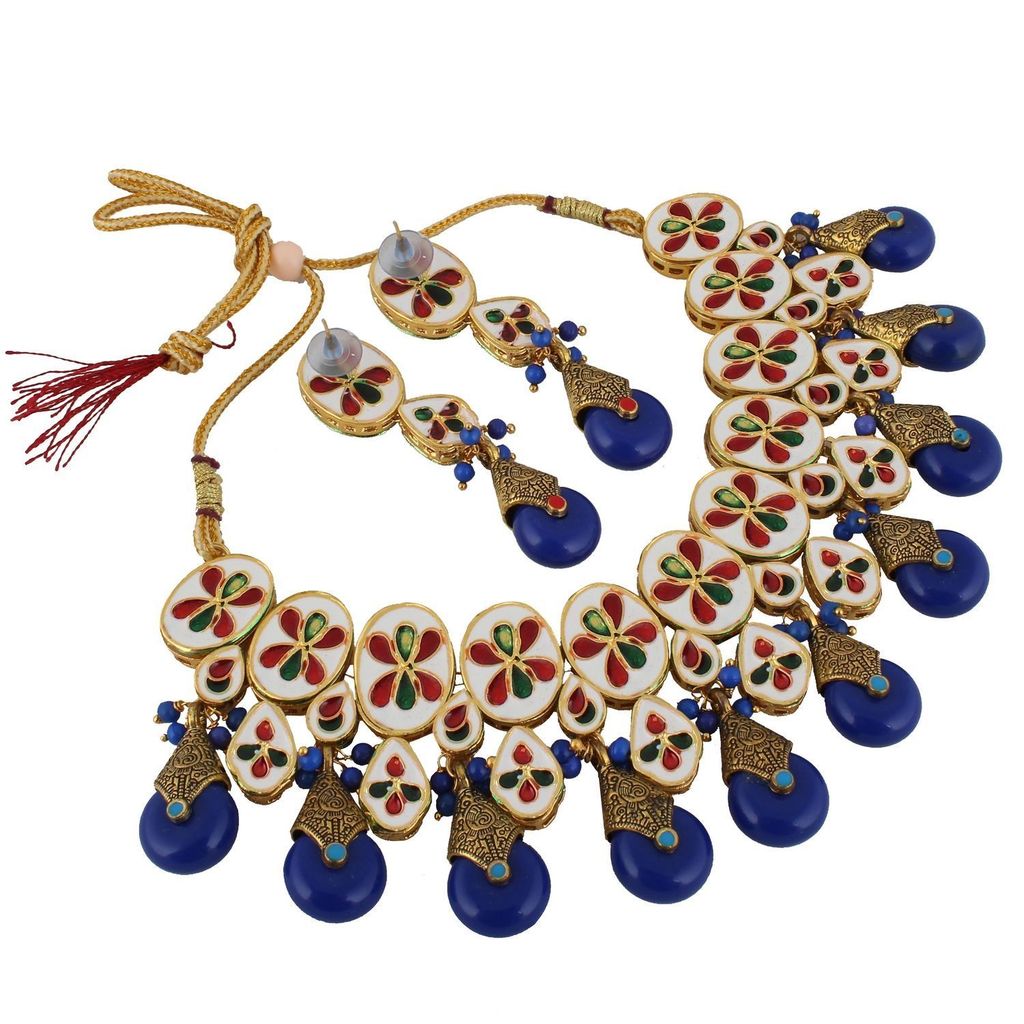 LUCKY JEWELLERY Back Meenakari 18k Gold Plated Blue Color Tika Earring Combo Uncut Big Faux Kundan Choker Necklace set