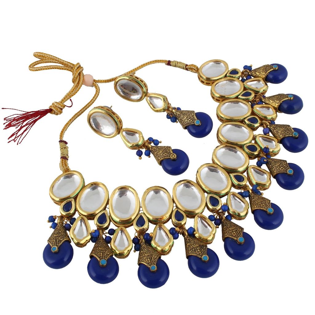 LUCKY JEWELLERY Back Meenakari 18k Gold Plated Blue Color Tika Earring Combo Uncut Big Faux Kundan Choker Necklace set