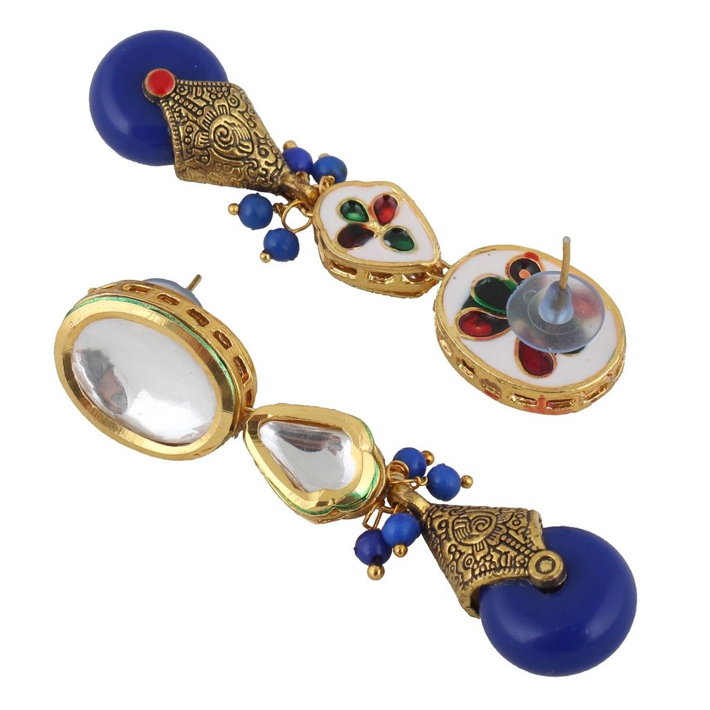 LUCKY JEWELLERY Back Meenakari 18k Gold Plated Blue Color Tika Earring Combo Uncut Big Faux Kundan Choker Necklace set