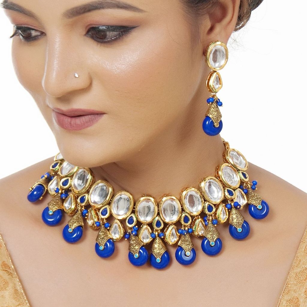 LUCKY JEWELLERY Back Meenakari 18k Gold Plated Blue Color Tika Earring Combo Uncut Big Faux Kundan Choker Necklace set