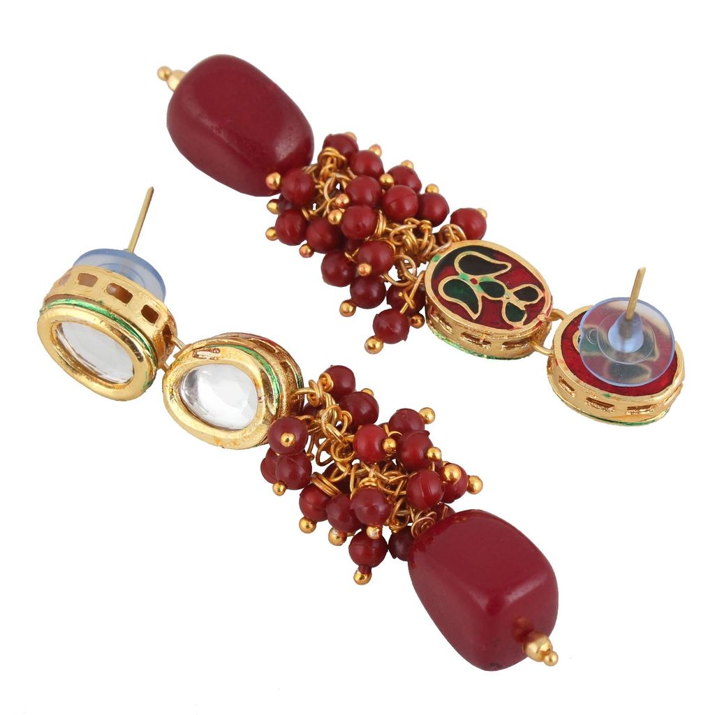 LUCKY JEWELLERY Back Meenakari 18k Gold Plated Maroon Color Tika Earring Combo Uncut Big Faux Kundan Choker Necklace set