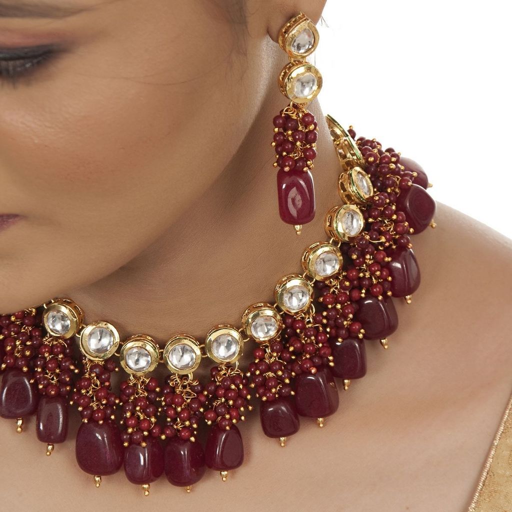LUCKY JEWELLERY Back Meenakari 18k Gold Plated Maroon Color Tika Earring Combo Uncut Big Faux Kundan Choker Necklace set
