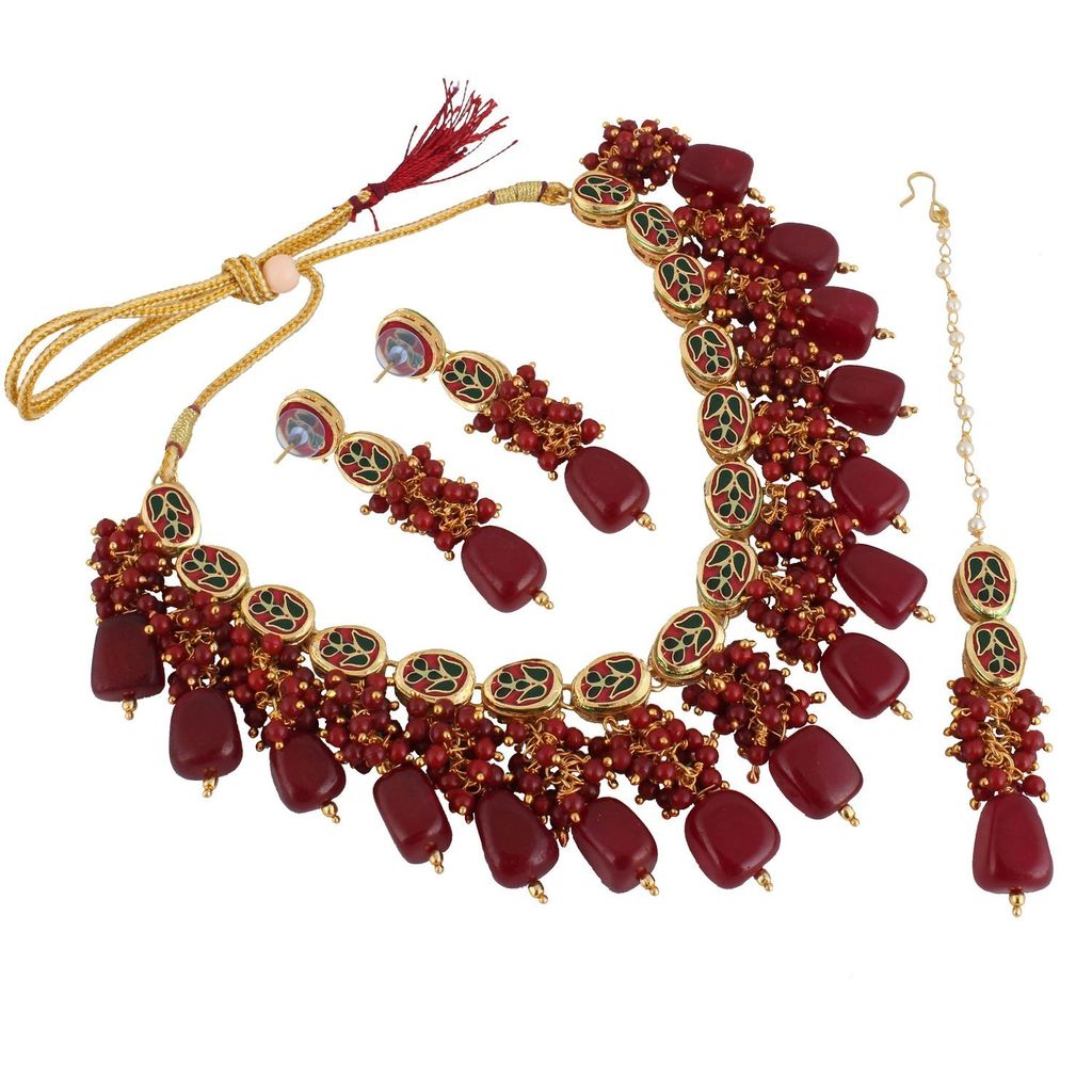 LUCKY JEWELLERY Back Meenakari 18k Gold Plated Maroon Color Tika Earring Combo Uncut Big Faux Kundan Choker Necklace set