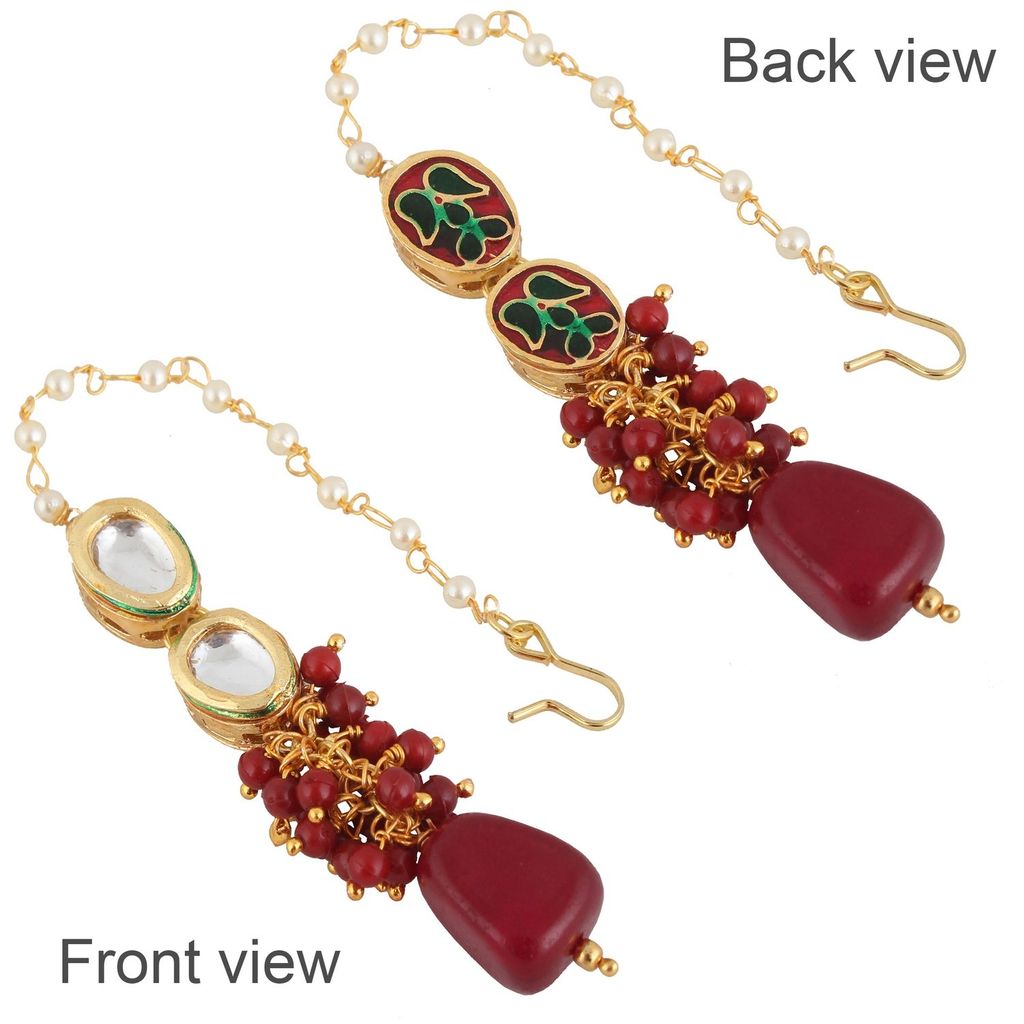 LUCKY JEWELLERY Back Meenakari 18k Gold Plated Maroon Color Tika Earring Combo Uncut Big Faux Kundan Choker Necklace set