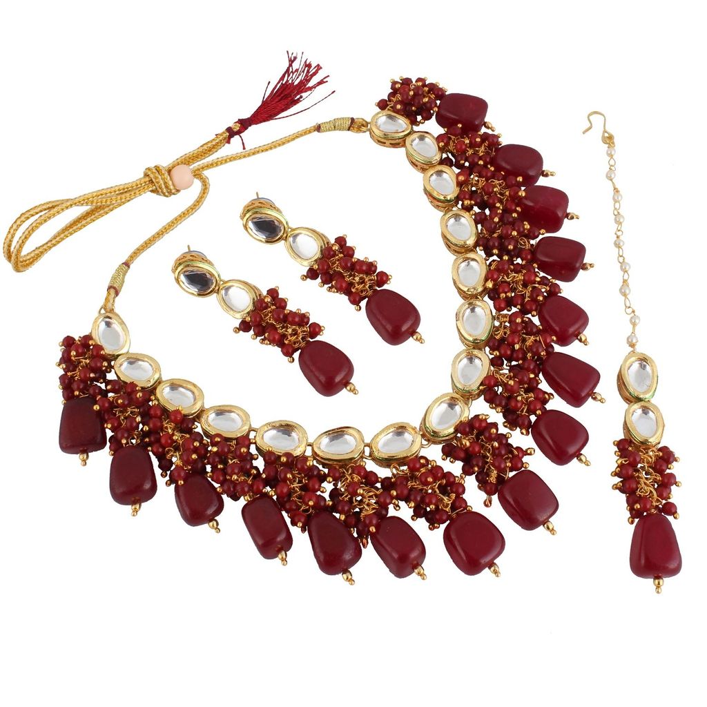 LUCKY JEWELLERY Back Meenakari 18k Gold Plated Maroon Color Tika Earring Combo Uncut Big Faux Kundan Choker Necklace set