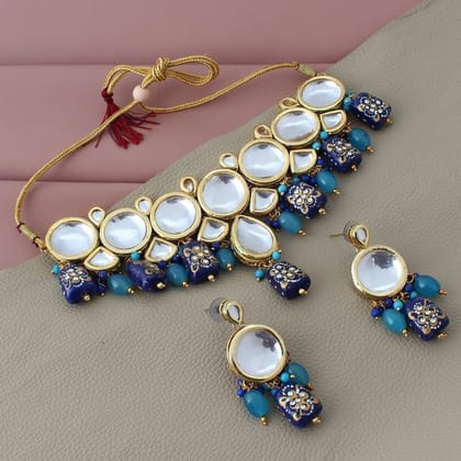 LUCKY JEWELLERY Back Meenakari 18k Gold Plated Multicolor Tika Earring Combo Uncut Big Faux Kundan Choker Necklace set