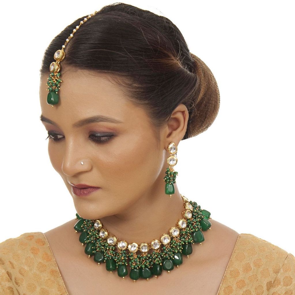 LUCKY JEWELLERY Back Meenakari 18k Gold Plated Green Color Tika Earring Combo Uncut Big Faux Kundan Choker Necklace set