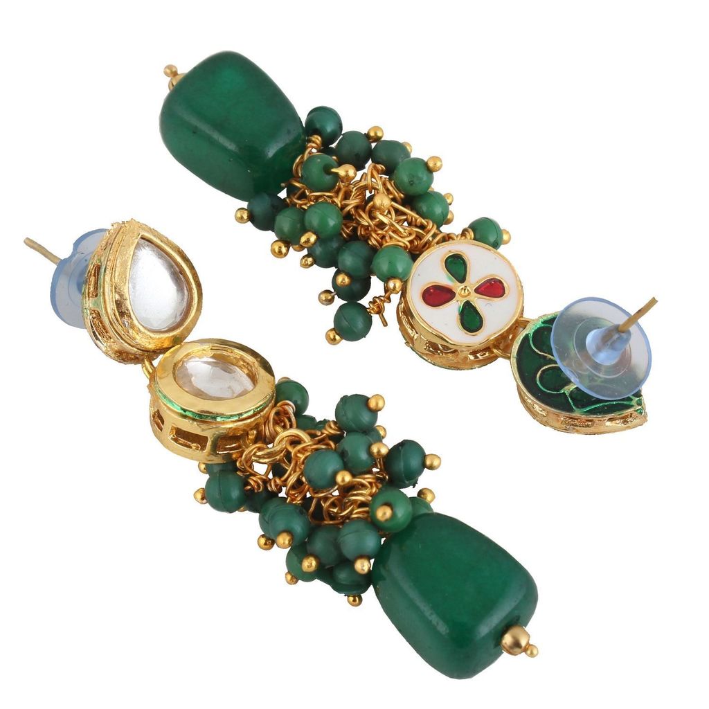 LUCKY JEWELLERY Back Meenakari 18k Gold Plated Green Color Tika Earring Combo Uncut Big Faux Kundan Choker Necklace set