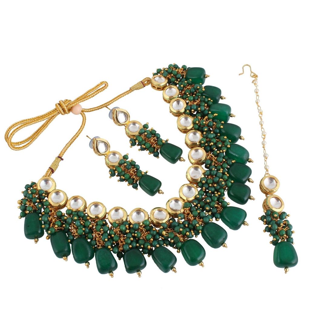 LUCKY JEWELLERY Back Meenakari 18k Gold Plated Green Color Tika Earring Combo Uncut Big Faux Kundan Choker Necklace set