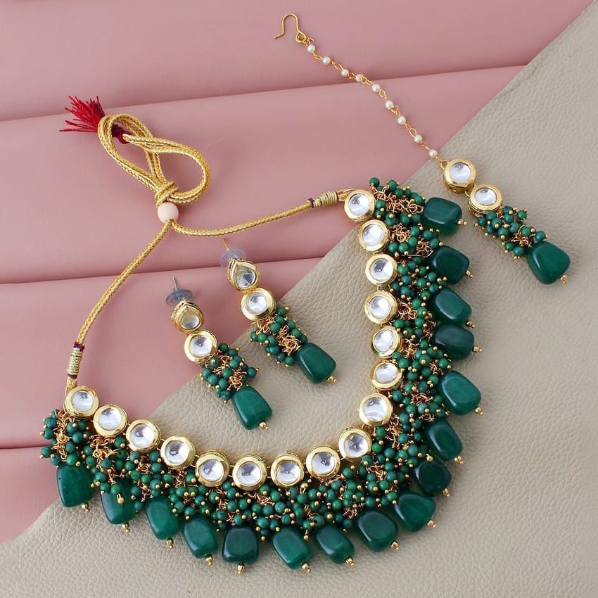 LUCKY JEWELLERY Back Meenakari 18k Gold Plated Green Color Tika Earring Combo Uncut Big Faux Kundan Choker Necklace set