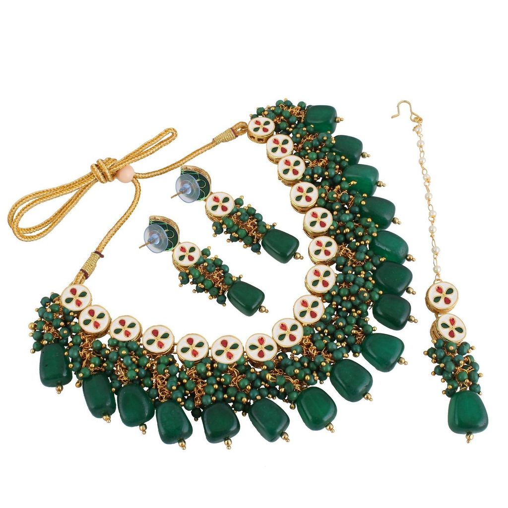 LUCKY JEWELLERY Back Meenakari 18k Gold Plated Green Color Tika Earring Combo Uncut Big Faux Kundan Choker Necklace set