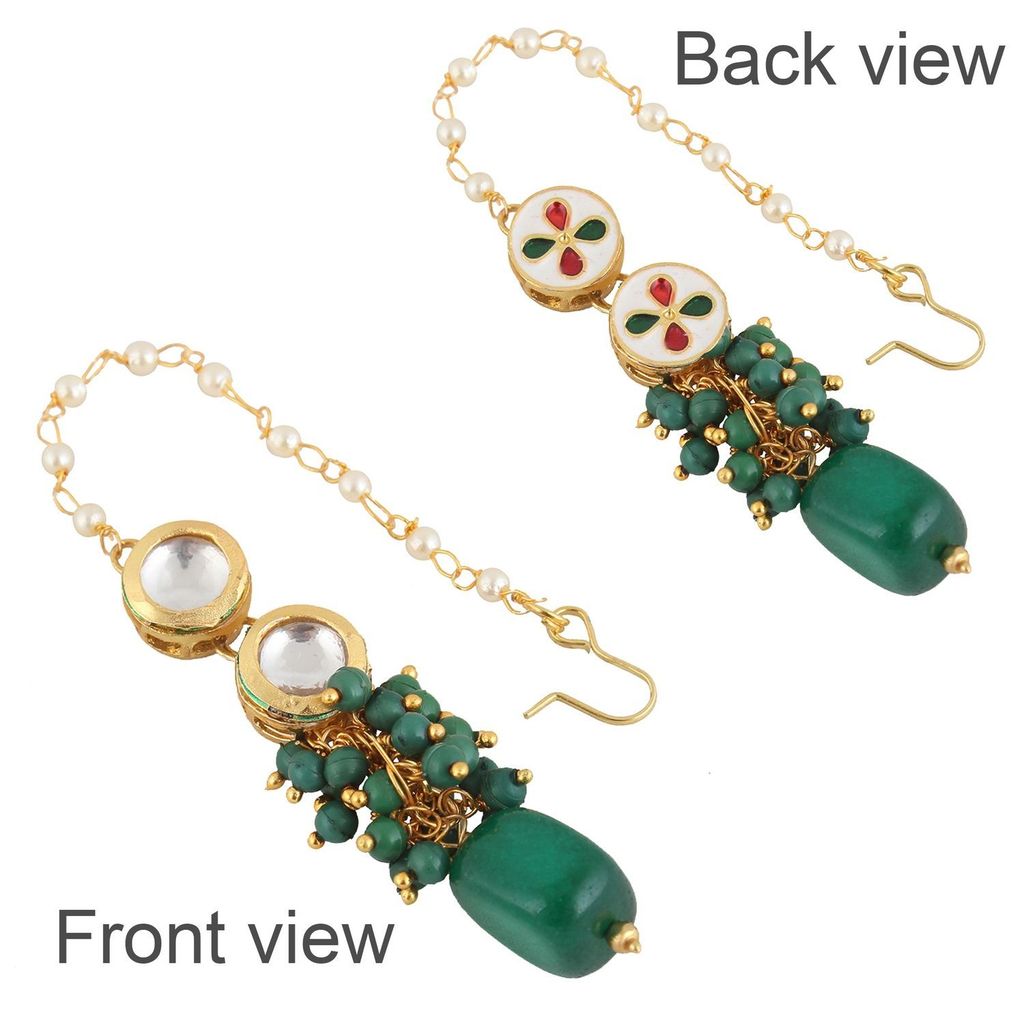 LUCKY JEWELLERY Back Meenakari 18k Gold Plated Green Color Tika Earring Combo Uncut Big Faux Kundan Choker Necklace set