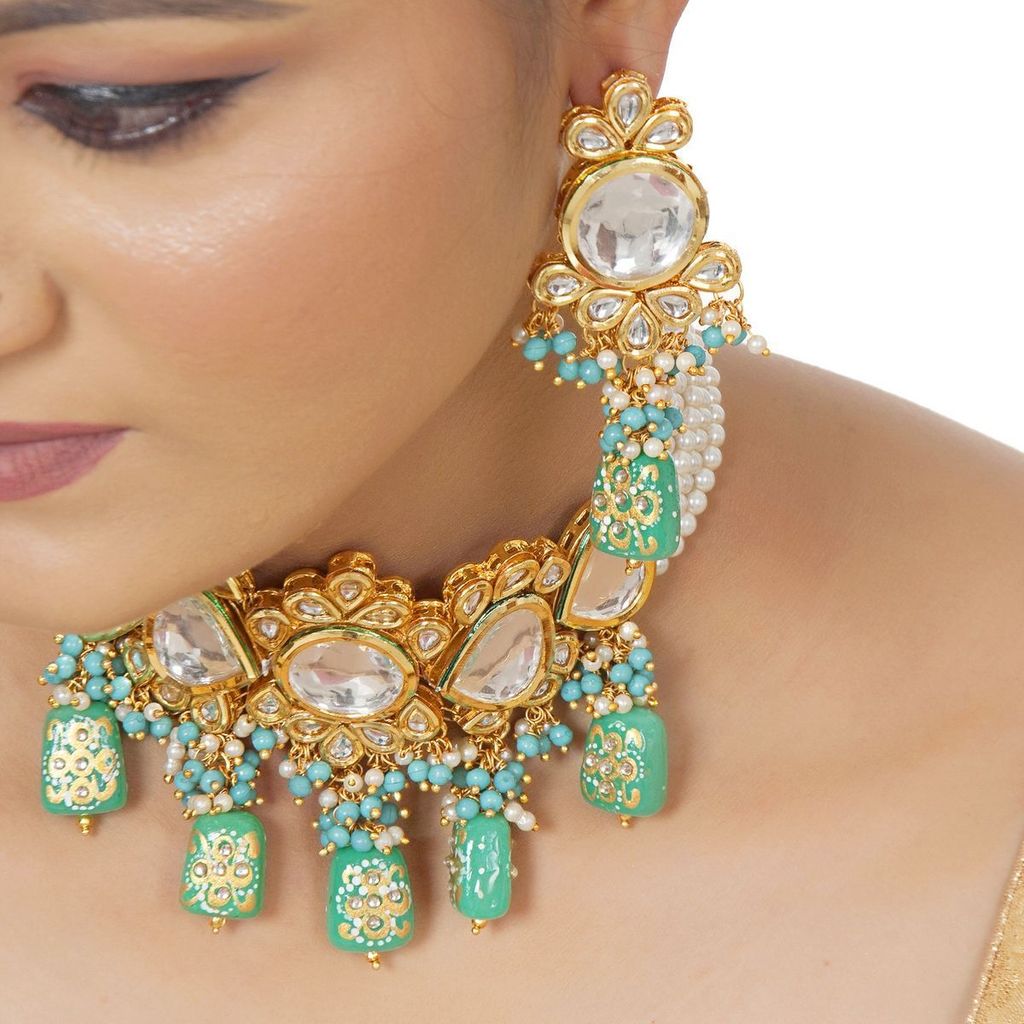 LUCKY JEWELLERY Back Meenakari 18k Gold Plated Mint Color Tika Earring Combo Uncut Big Faux Kundan Choker Necklace set