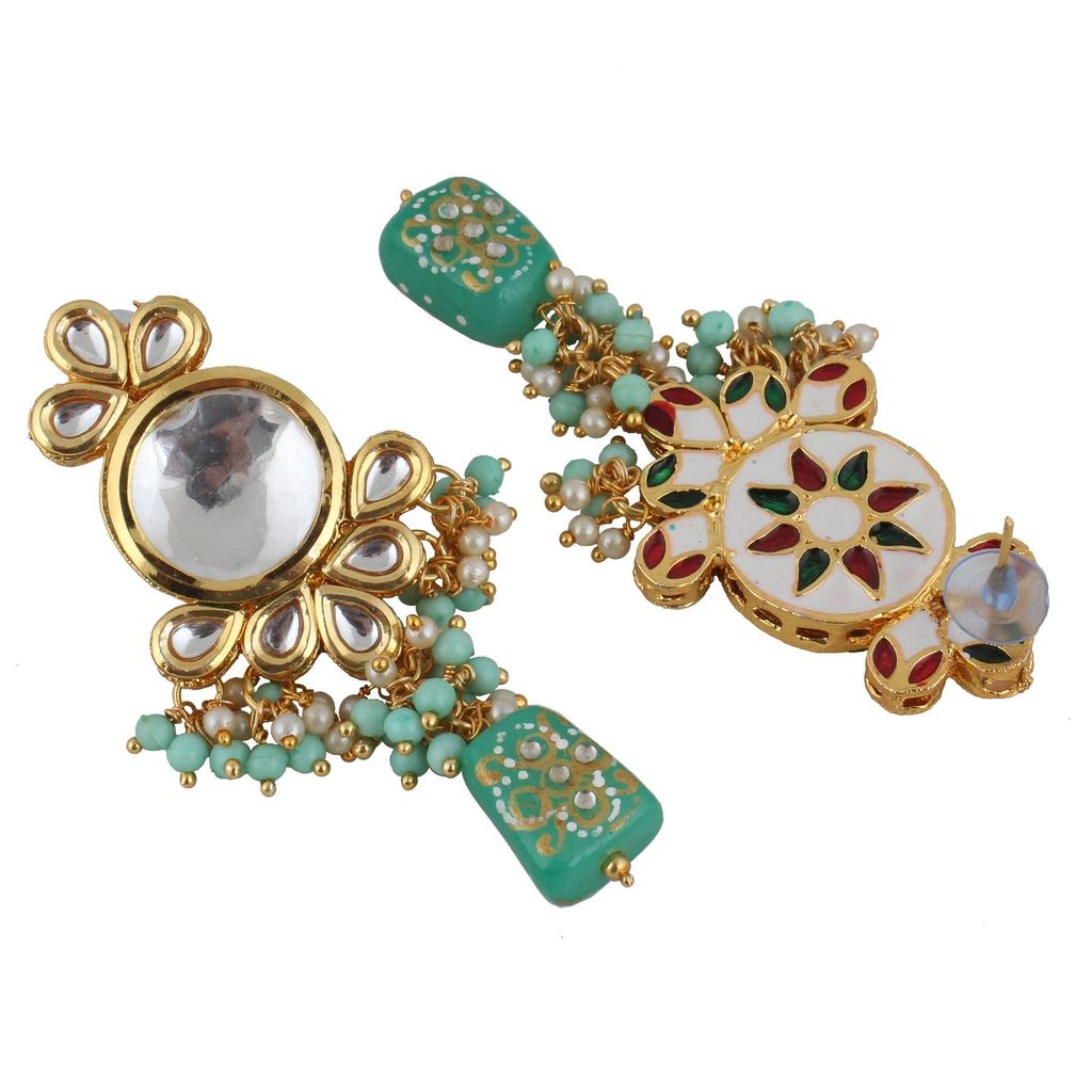 LUCKY JEWELLERY Back Meenakari 18k Gold Plated Mint Color Tika Earring Combo Uncut Big Faux Kundan Choker Necklace set