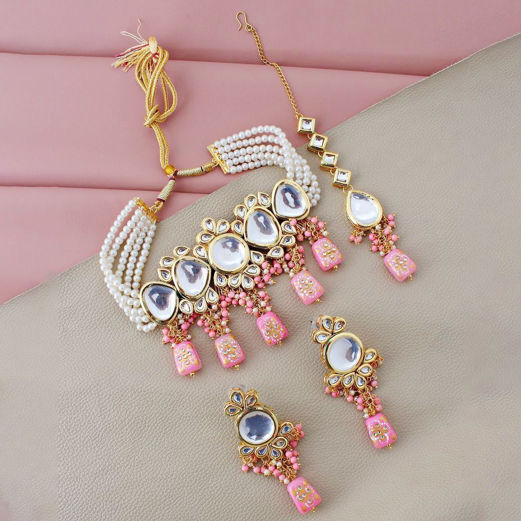 LUCKY JEWELLERY Back Meenakari 18k Gold Plated Pink Color Tika Earring Combo Uncut Big Faux Kundan Choker Necklace set