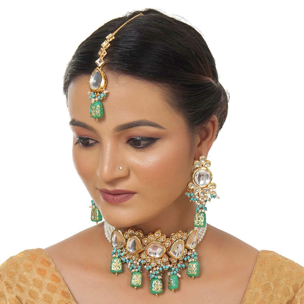 LUCKY JEWELLERY Back Meenakari 18k Gold Plated Mint Color Tika Earring Combo Uncut Big Faux Kundan Choker Necklace set