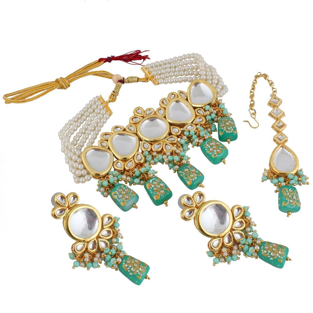LUCKY JEWELLERY Back Meenakari 18k Gold Plated Mint Color Tika Earring Combo Uncut Big Faux Kundan Choker Necklace set