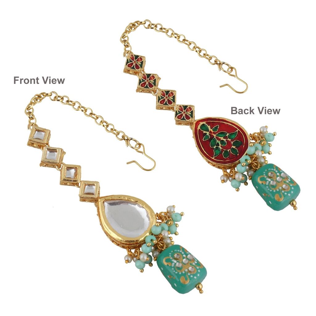 LUCKY JEWELLERY Back Meenakari 18k Gold Plated Mint Color Tika Earring Combo Uncut Big Faux Kundan Choker Necklace set