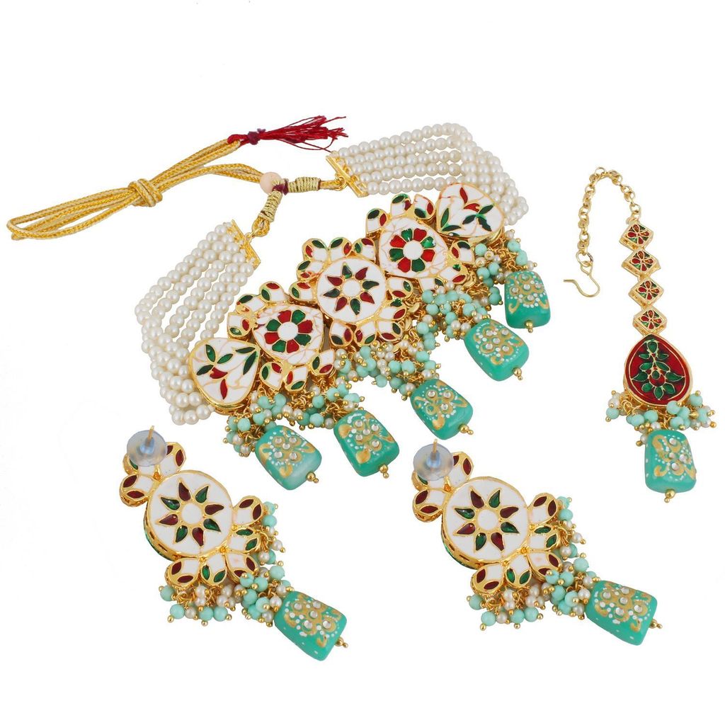 LUCKY JEWELLERY Back Meenakari 18k Gold Plated Mint Color Tika Earring Combo Uncut Big Faux Kundan Choker Necklace set