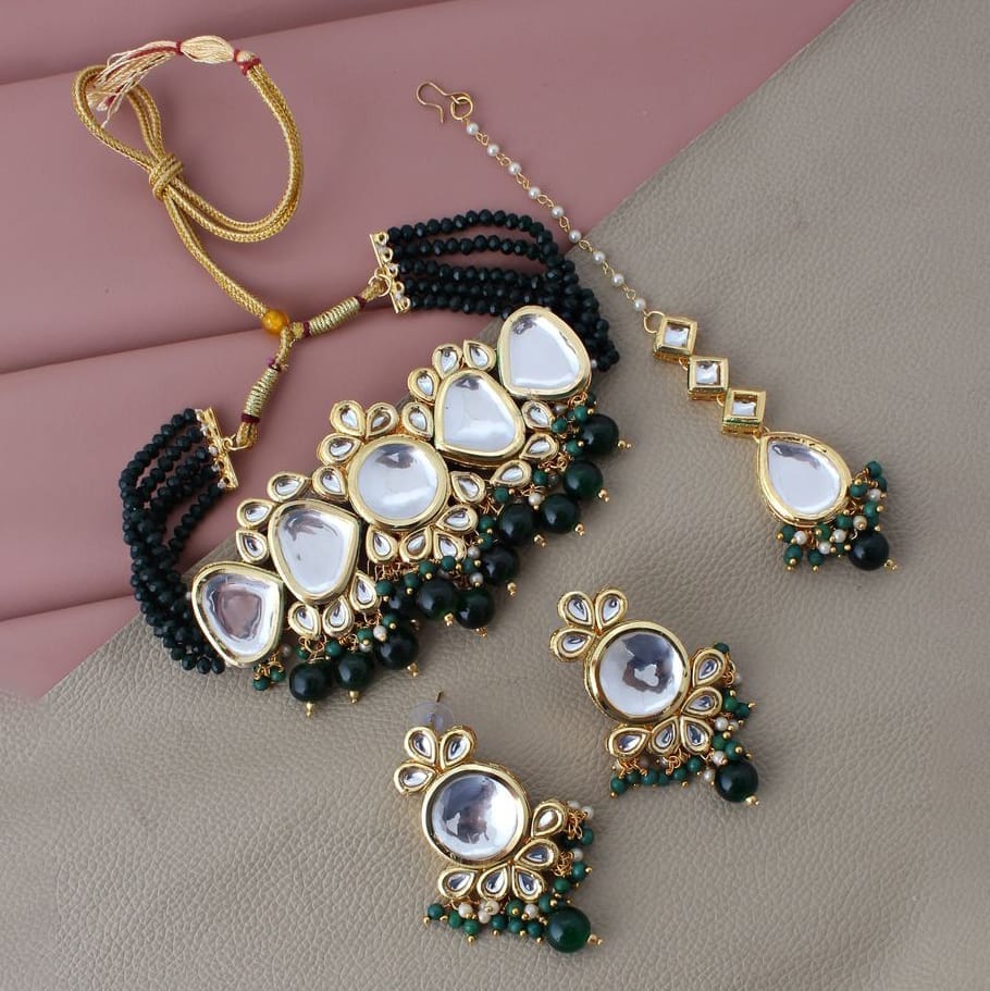 LUCKY JEWELLERY Back Meenakari 18k Gold Plated Green Color Tika Earring Combo Uncut Big Faux Kundan Choker Necklace set