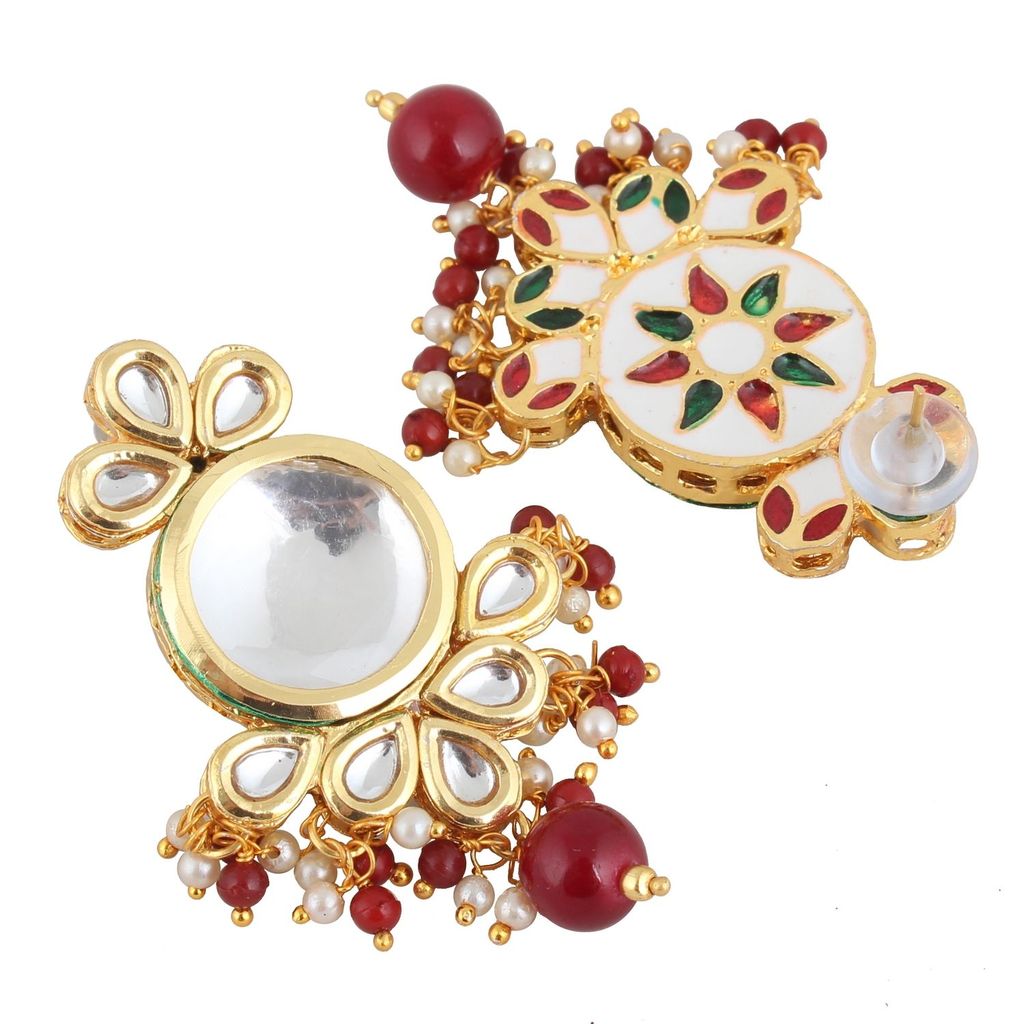 LUCKY JEWELLERY Back Meenakari 18k Gold Plated Maroon Color Tika Earring Combo Uncut Big Faux Kundan Choker Necklace set