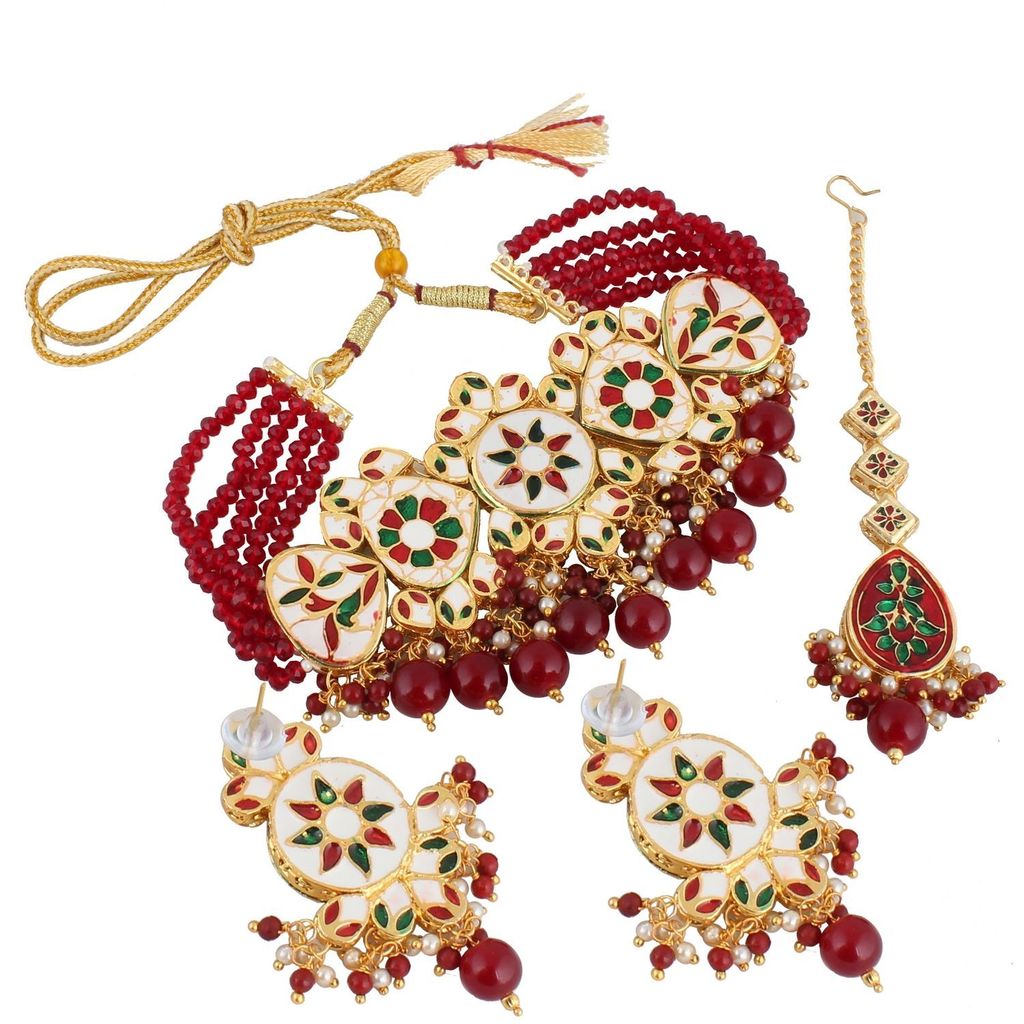 LUCKY JEWELLERY Back Meenakari 18k Gold Plated Maroon Color Tika Earring Combo Uncut Big Faux Kundan Choker Necklace set