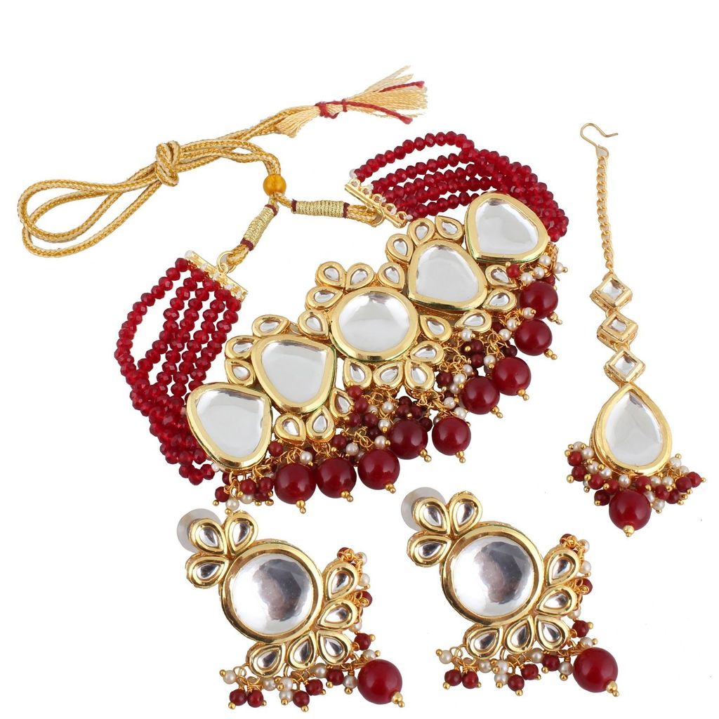 LUCKY JEWELLERY Back Meenakari 18k Gold Plated Maroon Color Tika Earring Combo Uncut Big Faux Kundan Choker Necklace set