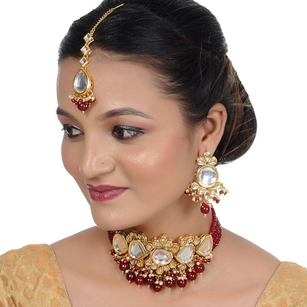 LUCKY JEWELLERY Back Meenakari 18k Gold Plated Maroon Color Tika Earring Combo Uncut Big Faux Kundan Choker Necklace set